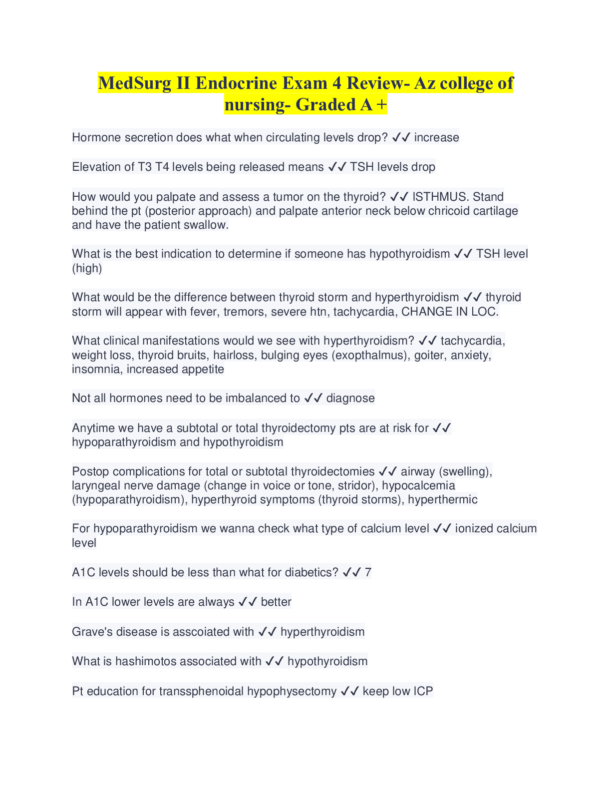 Preview image for MedSurg II Endocrine Exam 4 Review- Az college of nursing- Graded A+